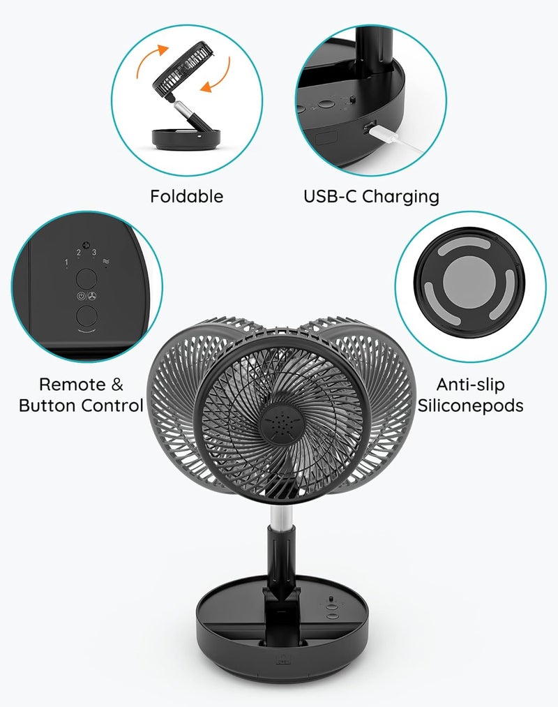 Primevolve Portable Oscillating Standing Fan,Rechargeable Battery Operated USB Floor Table Desk Fan with Remote, Bedroom Camping Travel Fans Black 7.7" - Image 5
